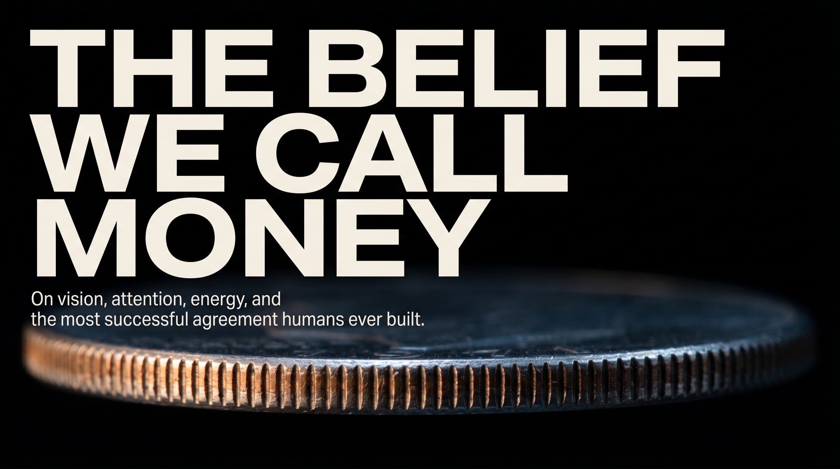 The Belief We Call Money — a silver dollar edge on black.